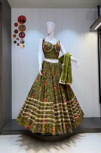 Olive Pure Vatican Cotton Lehenga Choli with Heavy Mirror Lace 
