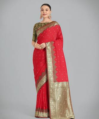 red silk blend banarasi jacuard work saree with unstitched blouse piece 1