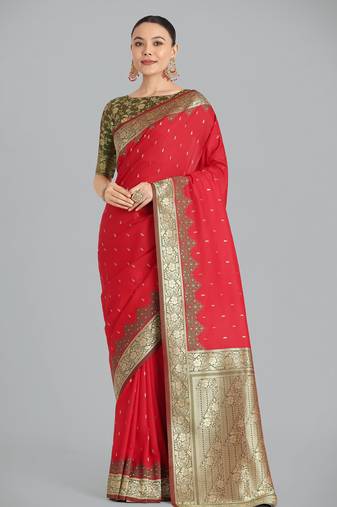 red silk blend banarasi jacuard work saree with unstitched blouse piece