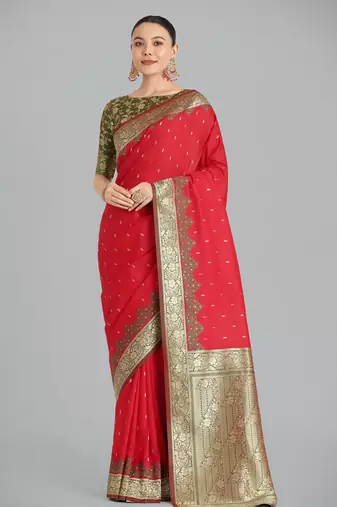 red silk blend banarasi jacuard work saree with unstitched blouse piece