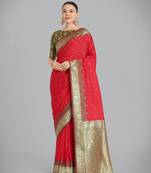 red silk blend banarasi jacuard work saree with unstitched blouse piece