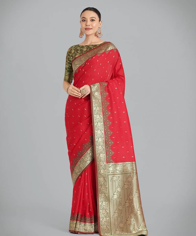red silk blend banarasi jacuard work saree with unstitched blouse piece