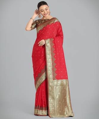 red silk blend banarasi jacuard work saree with unstitched blouse piece 2
