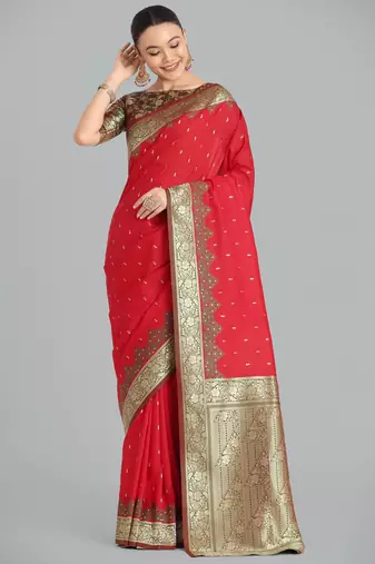 red silk blend banarasi jacuard work saree with unstitched blouse piece