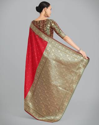 red silk blend banarasi jacuard work saree with unstitched blouse piece 3
