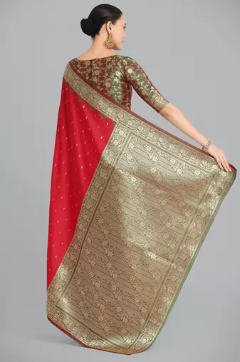 red silk blend banarasi jacuard work saree with unstitched blouse piece