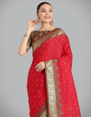 red silk blend banarasi jacuard work saree with unstitched blouse piece 4