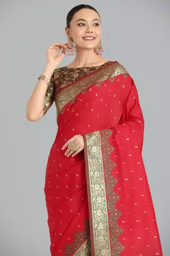 red silk blend banarasi jacuard work saree with unstitched blouse piece