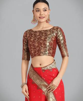red silk blend banarasi jacuard work saree with unstitched blouse piece 5