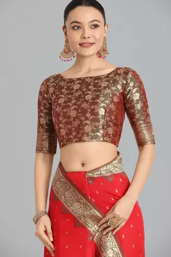 red silk blend banarasi jacuard work saree with unstitched blouse piece