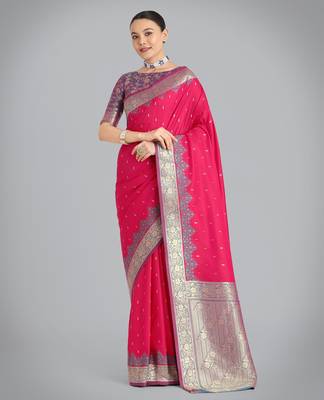 pink silk blend banarasi jacuard work saree with unstitched blouse piece 1