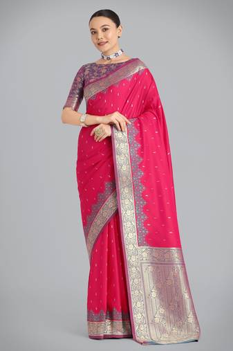 pink silk blend banarasi jacuard work saree with unstitched blouse piece