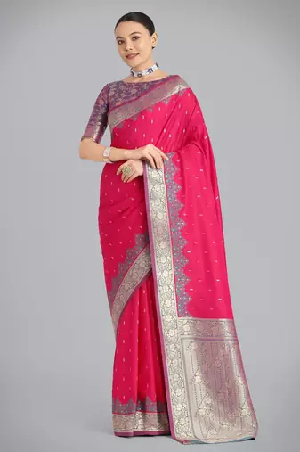 pink silk blend banarasi jacuard work saree with unstitched blouse piece