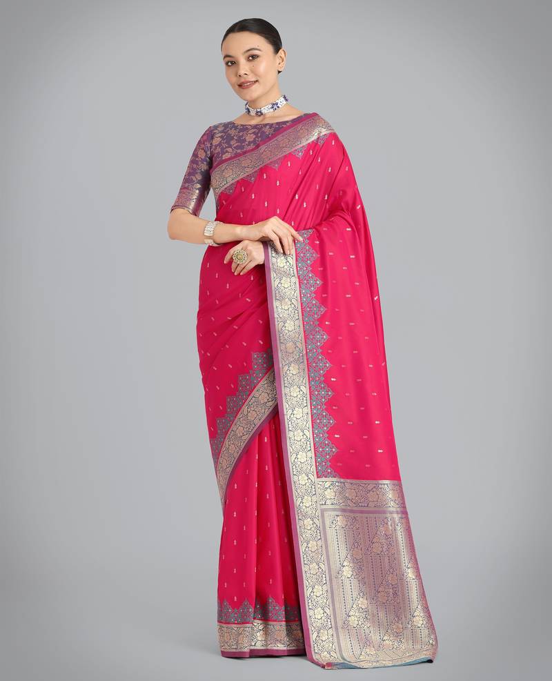 pink silk blend banarasi jacuard work saree with unstitched blouse piece