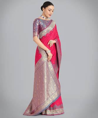 pink silk blend banarasi jacuard work saree with unstitched blouse piece 2