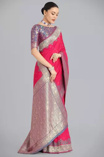 pink silk blend banarasi jacuard work saree with unstitched blouse piece