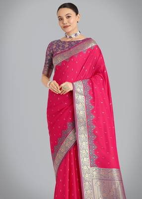 pink silk blend banarasi jacuard work saree with unstitched blouse piece 4