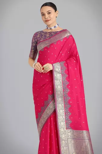 pink silk blend banarasi jacuard work saree with unstitched blouse piece
