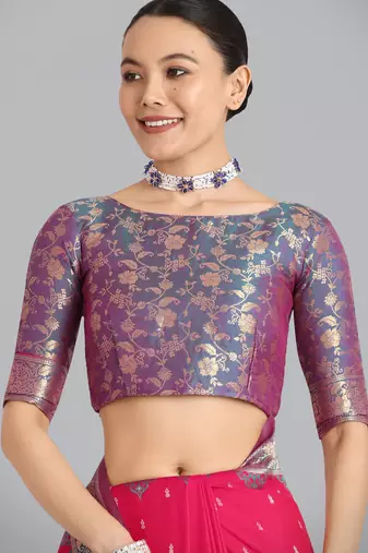 pink silk blend banarasi jacuard work saree with unstitched blouse piece