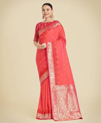 orange silk blend banarasi jacuard work saree with unstitched blouse piece 1