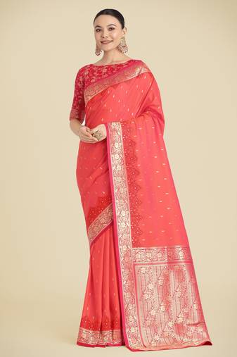 orange silk blend banarasi jacuard work saree with unstitched blouse piece