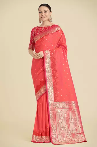 orange silk blend banarasi jacuard work saree with unstitched blouse piece