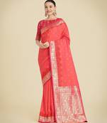 orange silk blend banarasi jacuard work saree with unstitched blouse piece
