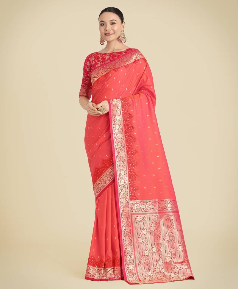 orange silk blend banarasi jacuard work saree with unstitched blouse piece