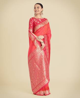 orange silk blend banarasi jacuard work saree with unstitched blouse piece 2