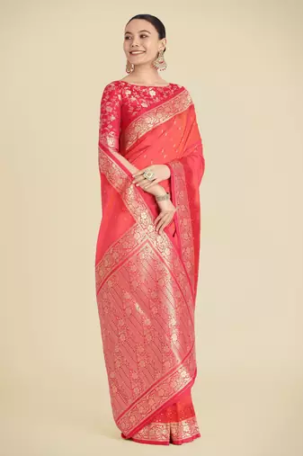 orange silk blend banarasi jacuard work saree with unstitched blouse piece