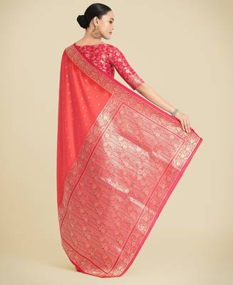 orange silk blend banarasi jacuard work saree with unstitched blouse piece 3