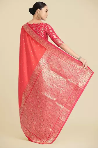 orange silk blend banarasi jacuard work saree with unstitched blouse piece