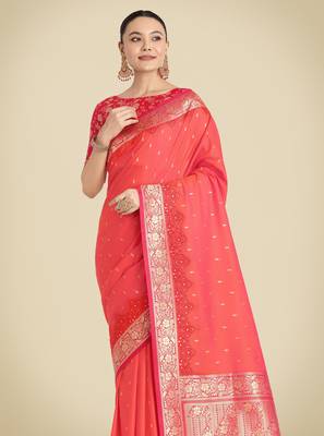 orange silk blend banarasi jacuard work saree with unstitched blouse piece 4