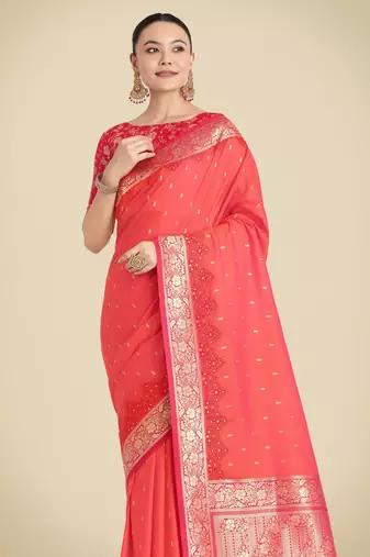 orange silk blend banarasi jacuard work saree with unstitched blouse piece