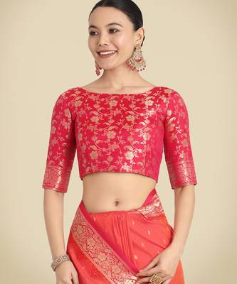 orange silk blend banarasi jacuard work saree with unstitched blouse piece 5