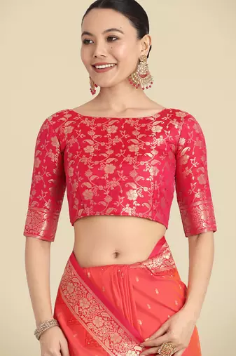 orange silk blend banarasi jacuard work saree with unstitched blouse piece