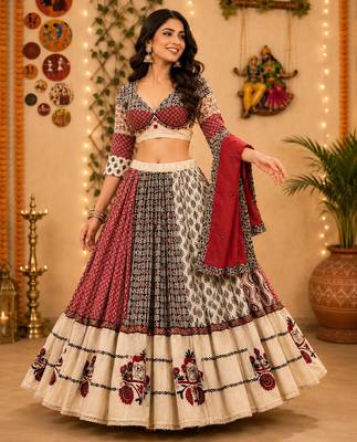 Multicolor Navratri Special Pure Flex & Camric Cotton Chaniya Choli Heavy Aari Work Skirt Blouse  1