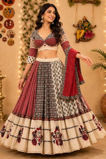 Multicolor Navratri Special Pure Flex & Camric Cotton Chaniya Choli Heavy Aari Work Skirt Blouse 