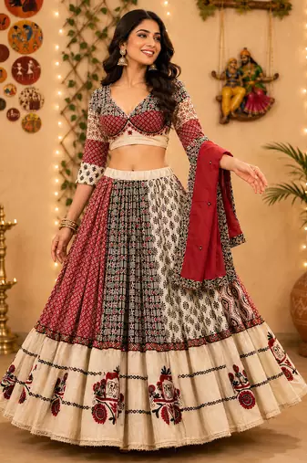 Multicolor Navratri Special Pure Flex & Camric Cotton Chaniya Choli Heavy Aari Work Skirt Blouse 