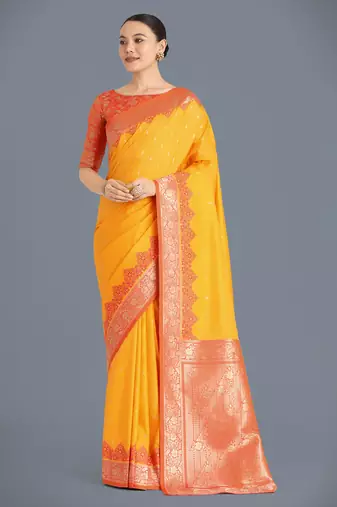 yellow silk blend banarasi jacuard work saree with unstitched blouse piece