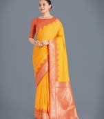 yellow silk blend banarasi jacuard work saree with unstitched blouse piece