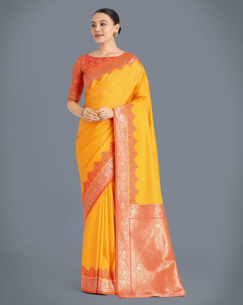 yellow silk blend banarasi jacuard work saree with unstitched blouse piece