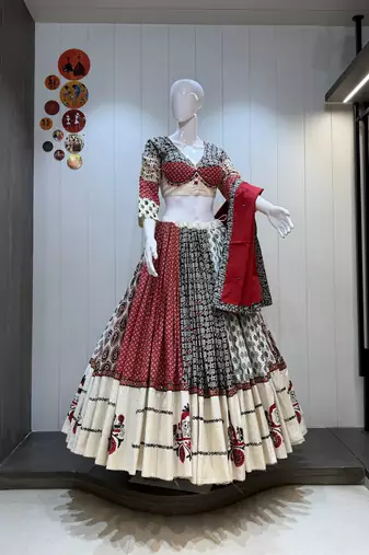 Multicolor Navratri Special Pure Flex & Camric Cotton Chaniya Choli Heavy Aari Work Skirt Blouse 