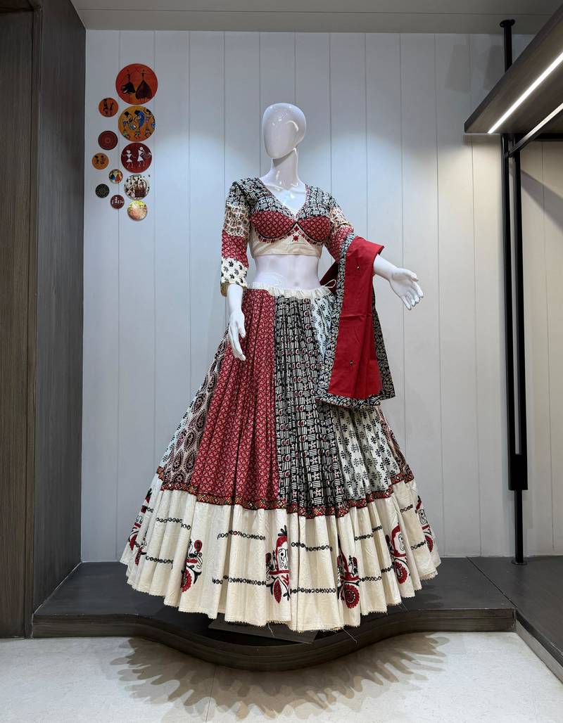 Multicolor Navratri Special Pure Flex & Camric Cotton Chaniya Choli Heavy Aari Work Skirt Blouse 