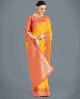 yellow silk blend banarasi jacuard work saree with unstitched blouse piece 2