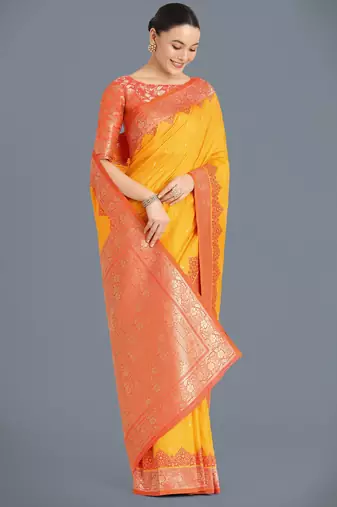 yellow silk blend banarasi jacuard work saree with unstitched blouse piece