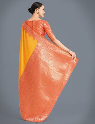 yellow silk blend banarasi jacuard work saree with unstitched blouse piece 3