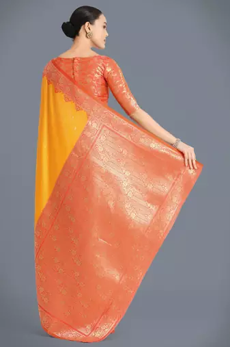 yellow silk blend banarasi jacuard work saree with unstitched blouse piece