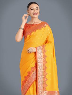 yellow silk blend banarasi jacuard work saree with unstitched blouse piece 4