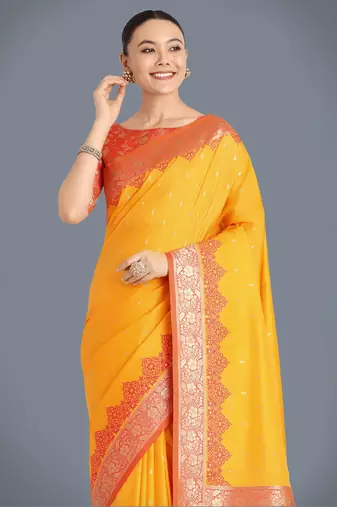 yellow silk blend banarasi jacuard work saree with unstitched blouse piece